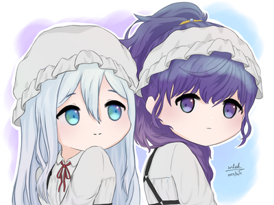 2x Chibi, Bust Up, Full Render, Simple BG
